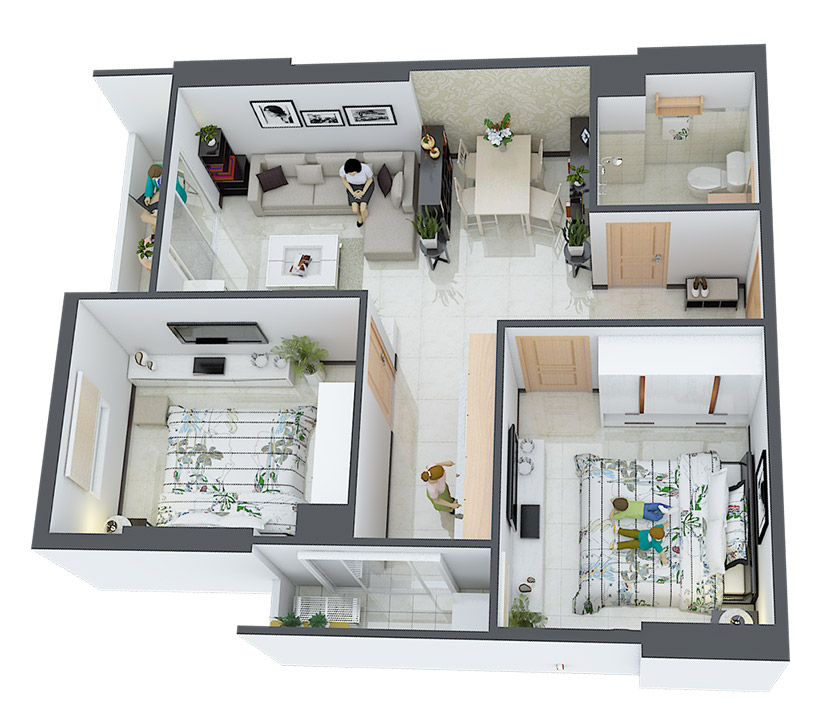Mẫu thiết kế căn hộ 2 phòng ngủ dự án căn hộ chung cư Saigon Intela Bình Chánh