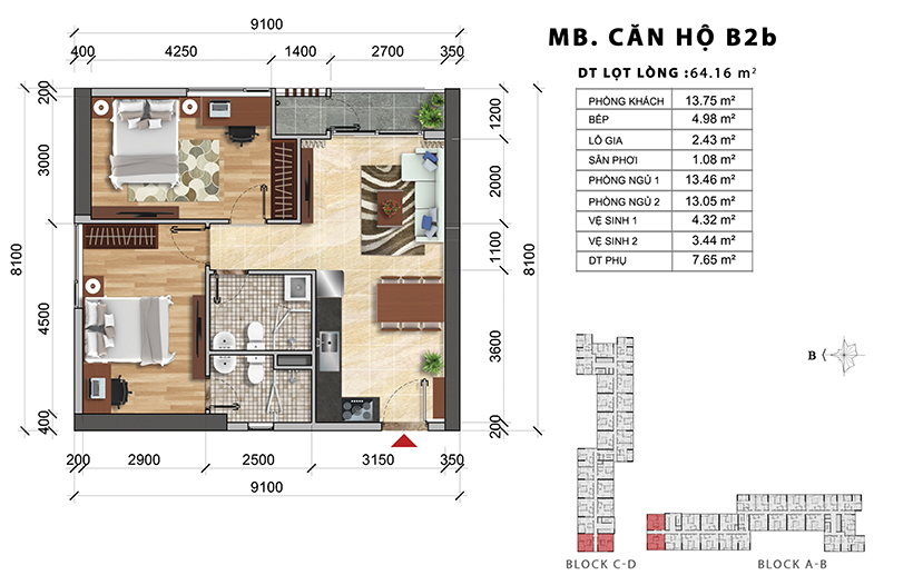Thiết kế chi tiết căn hộ B2B thiết kế 2PN-2WC – Liên hệ báo giá căn hộ này 0942.098.890