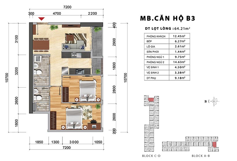 Thiết kế chi tiết căn hộ B3 thiết kế 2PN-2WC – Liên hệ báo giá căn hộ này 0933.098.890
