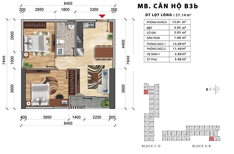 Thiết kế chi tiết căn hộ B3B. Căn hộ A1 thiết kế 2 PN-1WC – Liên hệ báo giá căn hộ này 0942.098.890