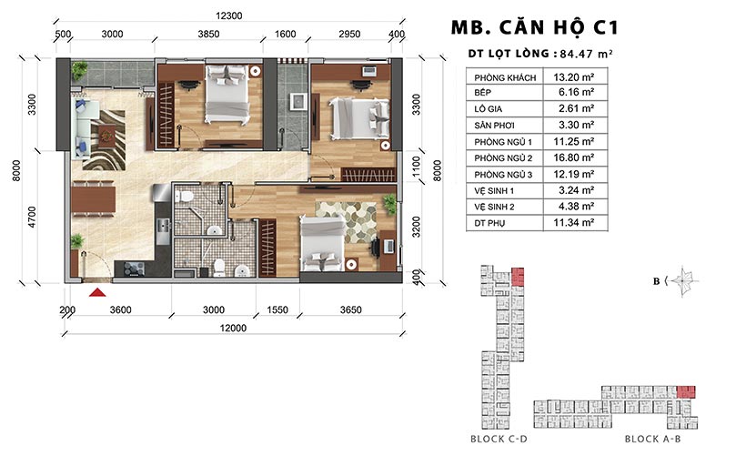 Thiết kế chi tiết căn hộ C1 thiết kế 3PN-2WC – Liên hệ báo giá căn hộ này  0942.098.890