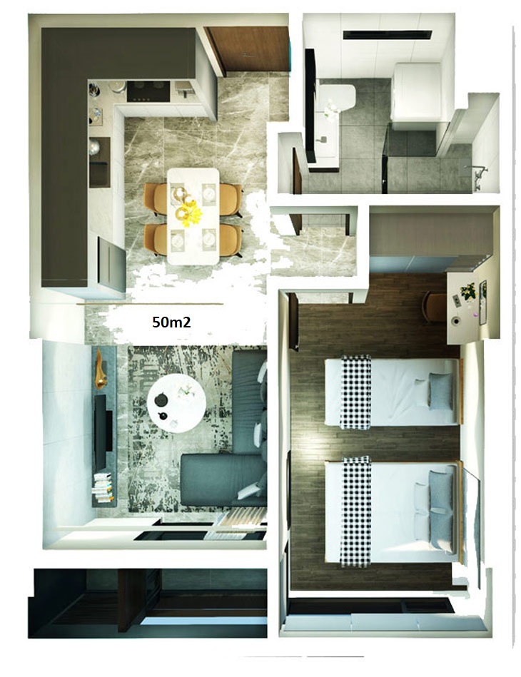 Mẫu thiết kế căn hộ 50m2 dự án căn hộ Kingdom 101 Quận 10 - Liên hệ mua căn hộ này 0933.098.890