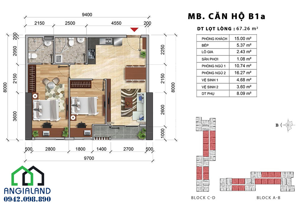 Thiết kế căn hộ Charmington Iris diện tích 67m2, 2PN-2WC