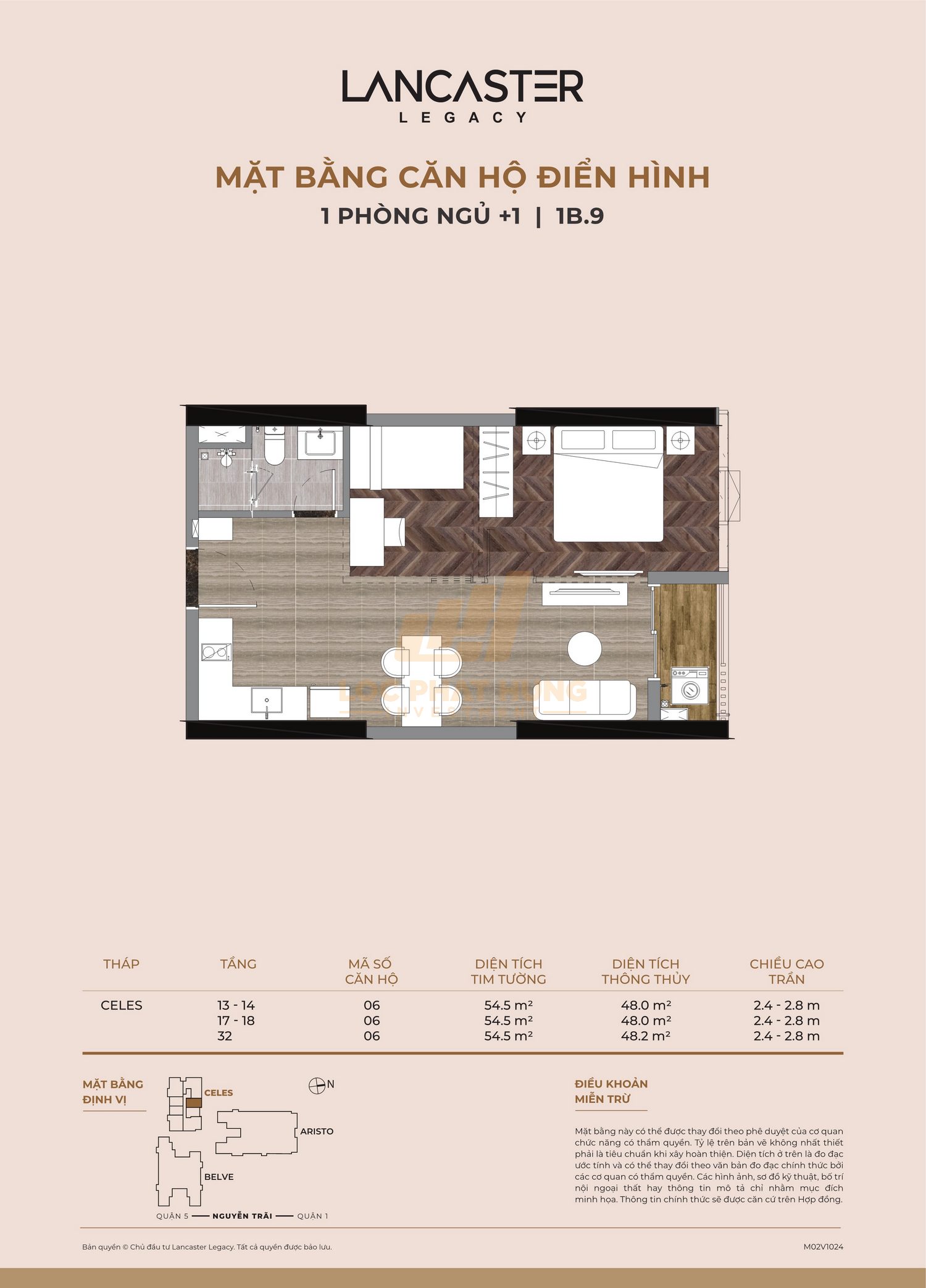 Thiết kế chi tiết căn hộ Lancaster Legacy tháp C diện tích 54.5m2