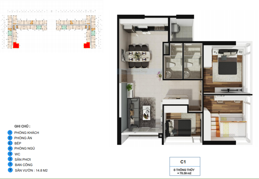 Thiết kế căn hộ La Premier Quận 2 diện tích 78m2 - Loại thiết kế 2 phòng ngủ - 2 vệ sinh - Căn góc
