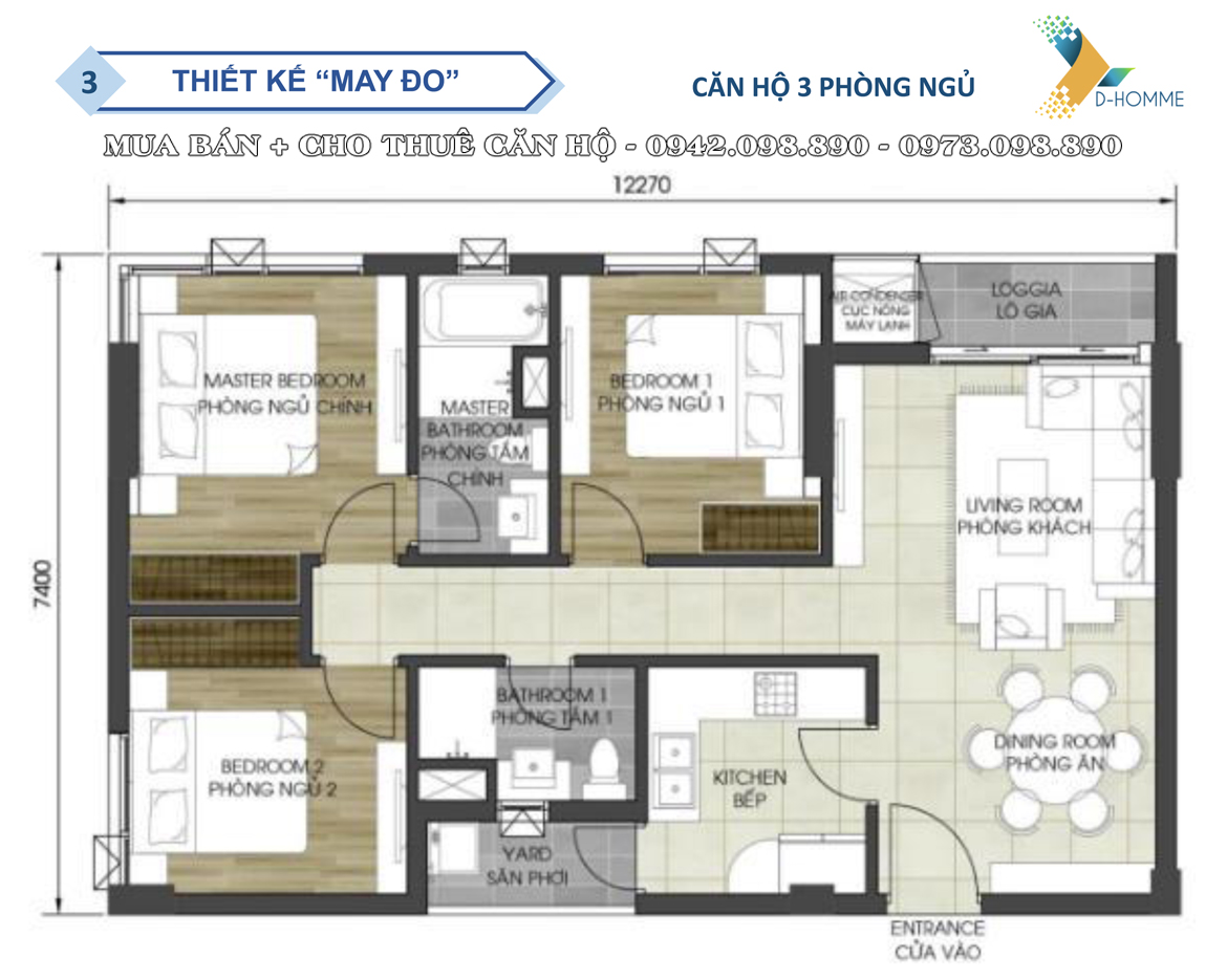Thiết kế chi tiết căn hộ3 phòng ngủ dự án D-Homme Quận 6 đường Hồng Bàng