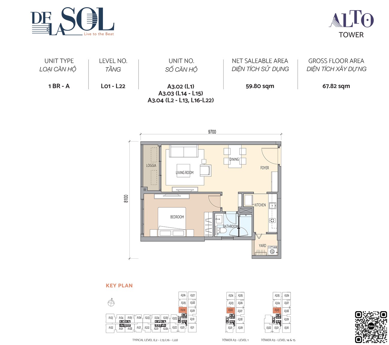 Thiết kế căn hộ 1PN loại A diện tích 67,82m² dự án De La Sol Quận 4