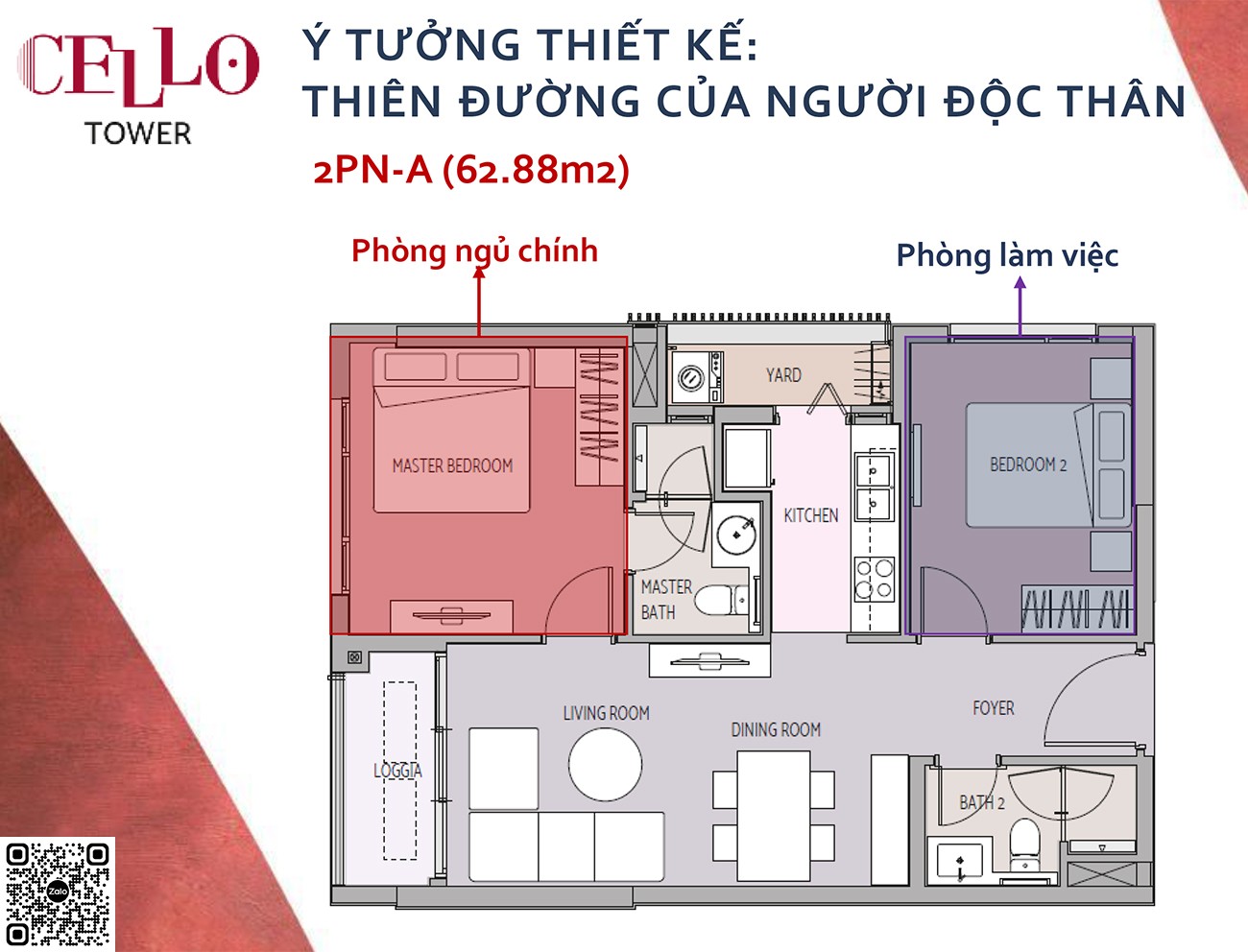Thiết kế căn hộ 2PN loại A diện tích 62,88m²  dự án De La Sol Quận 4