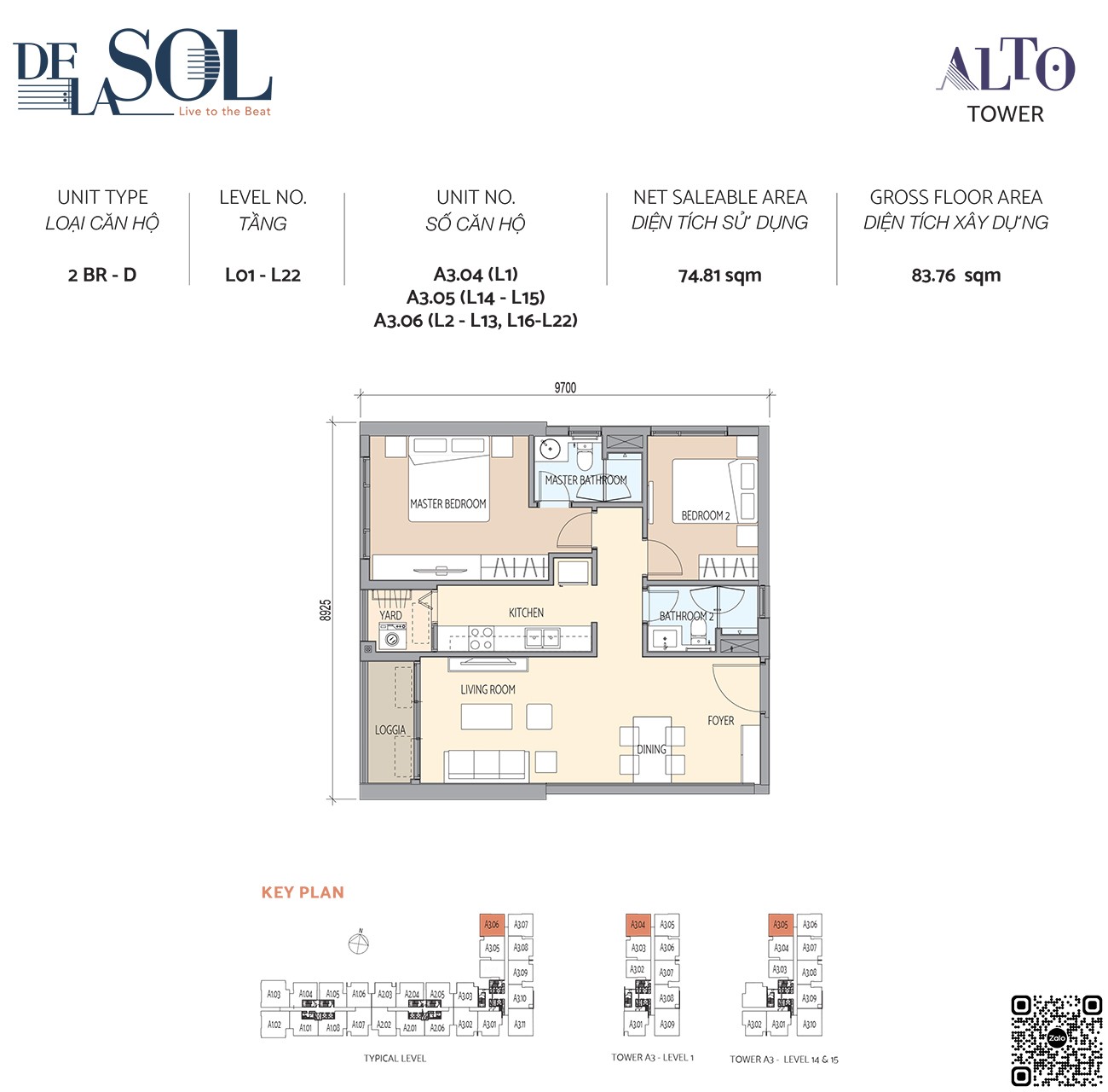 Thiết kế căn hộ 2PN loại D diện tích 83,76m² dự án De La Sol Quận 4