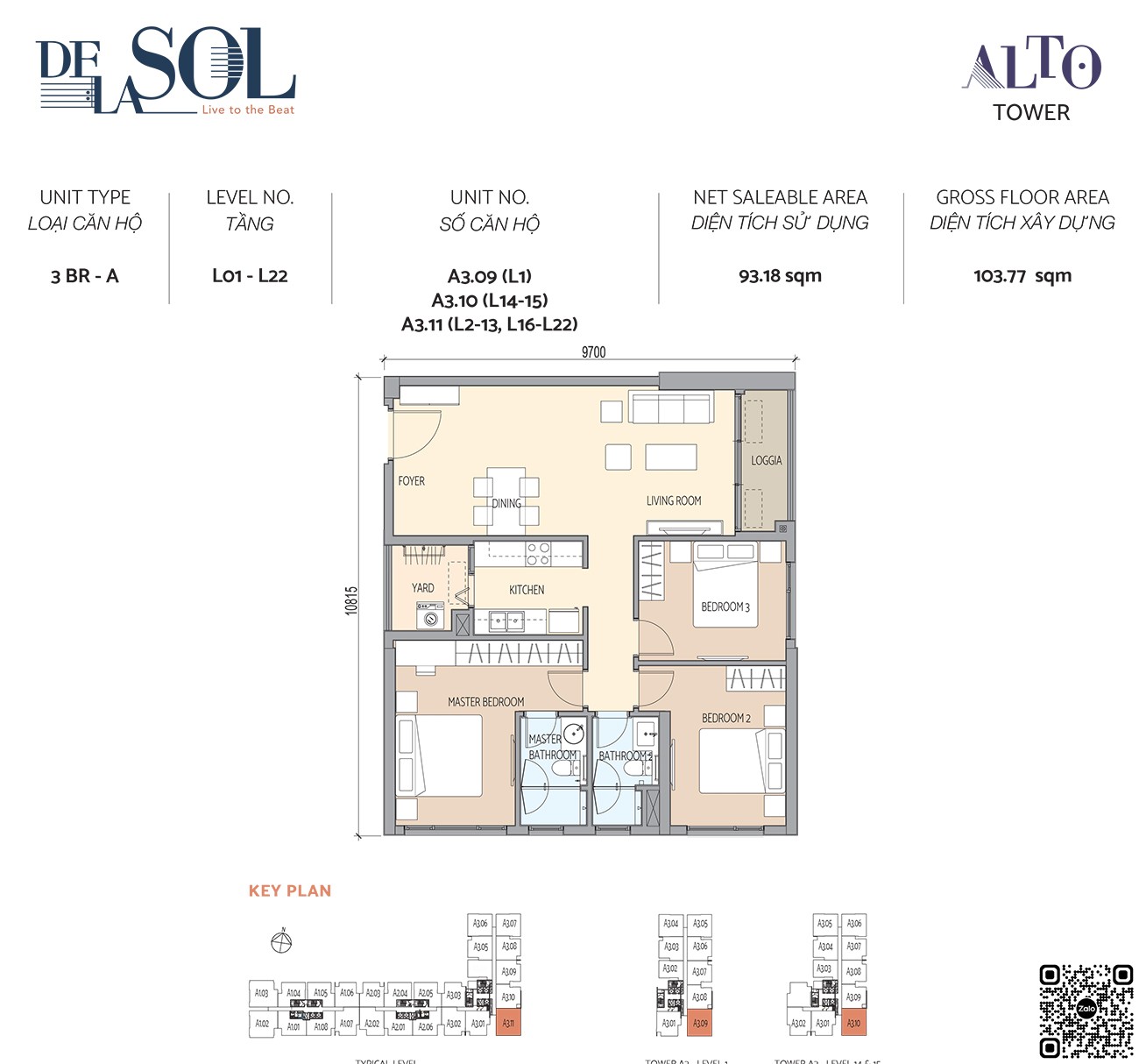 Thiết kế căn hộ 3PN loại A diện tích 103,77m² dự án De La Sol Quận 4