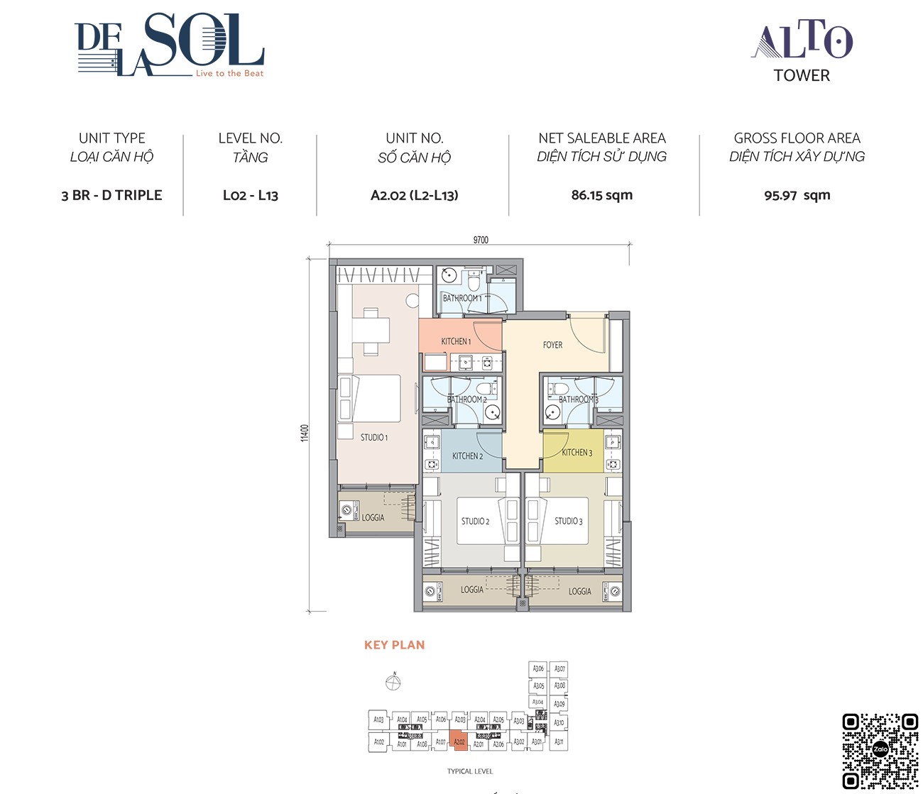 Thiết kế căn hộ 3PN loại D diện tích 95,97m² dự án De La Sol Quận 4