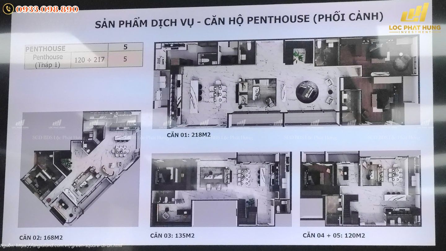 Căn hộ Green Square Tp Dĩ An - Thiết kế căn hộ Penthouse 168m2, 218m2, 135m2, 120m2