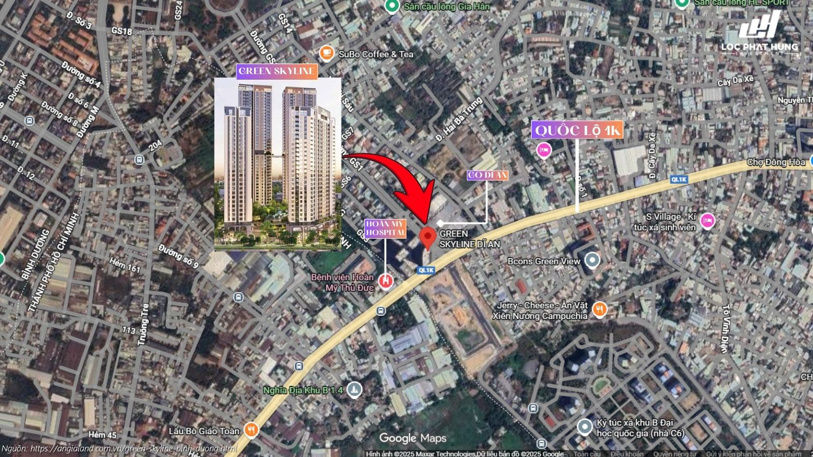 Bản đồ vị trí dự án căn hộ chung cư Green Skyline Dĩ An ngay mặt tiền Quốc lộ 1K và đường GS1