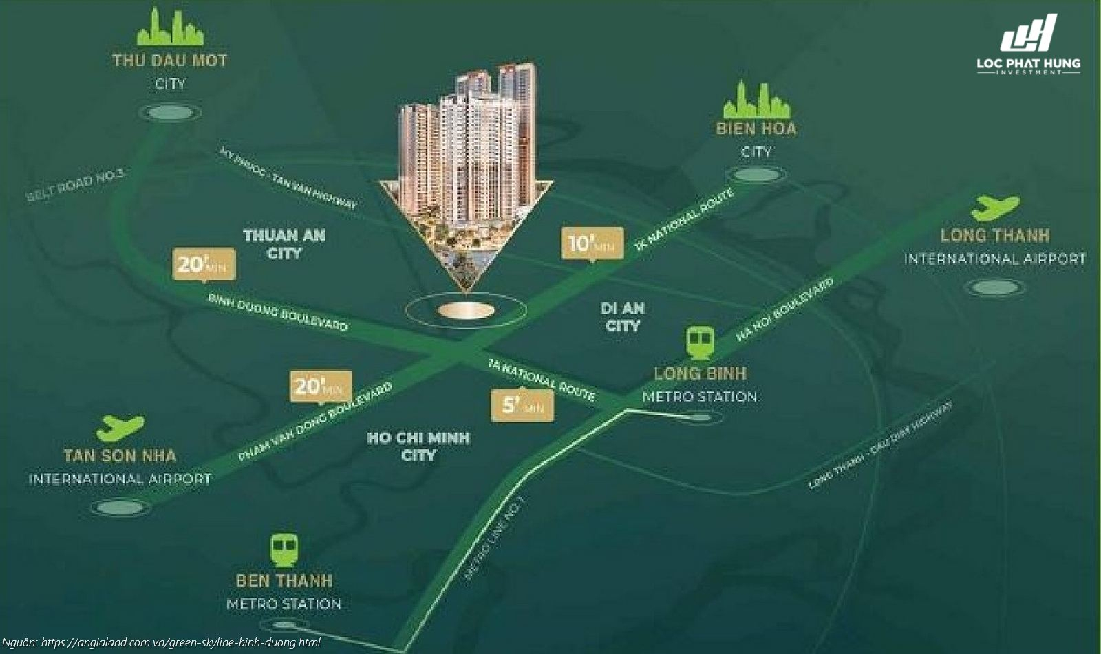 Bản đồ vị trí dự án căn hộ chung cư Green Skyline Dĩ An ngay mặt tiền Quốc lộ 1K và đường GS1