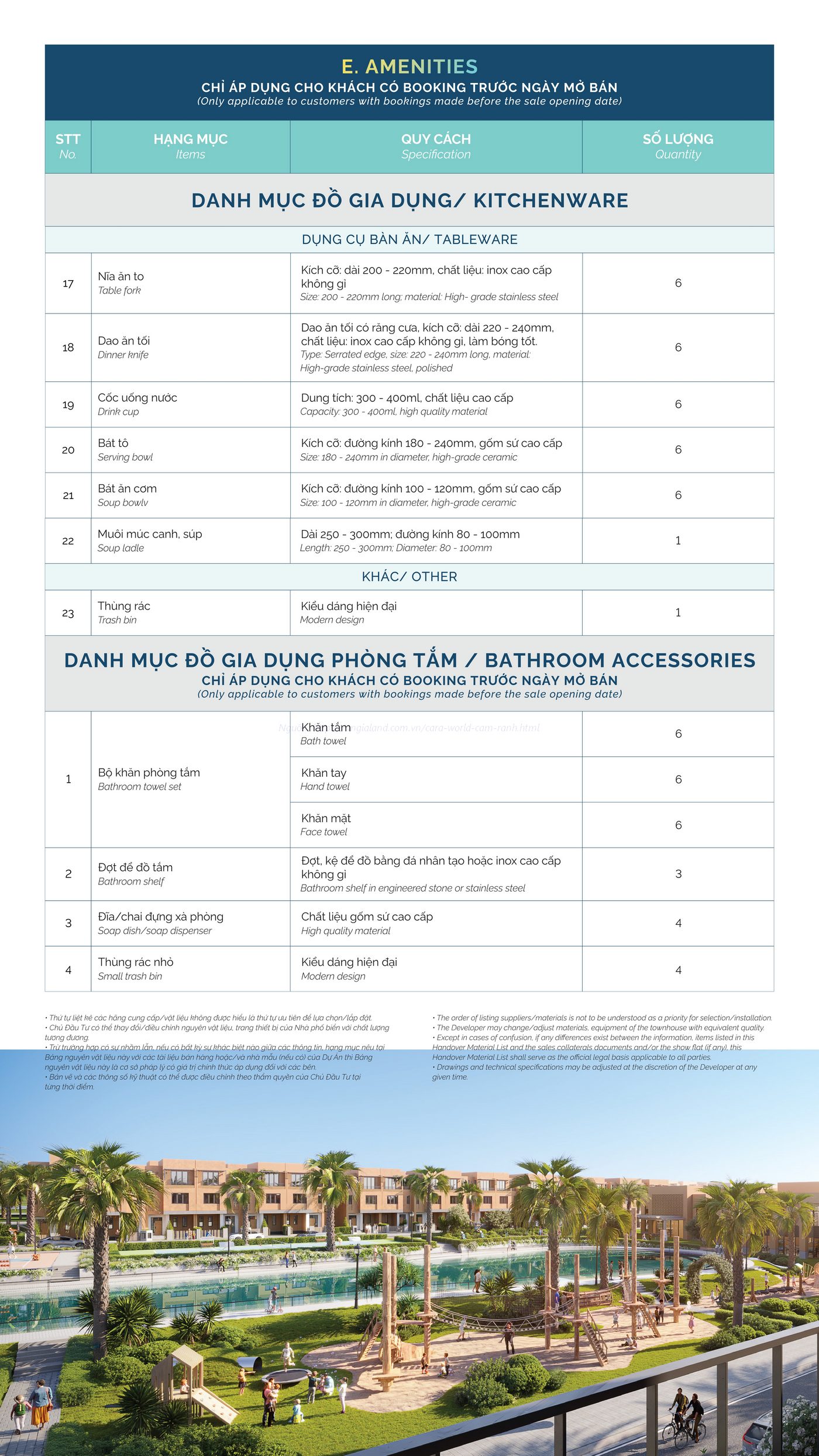 Danh mục vật liệu bàn giao Cara World Cam Ranh
