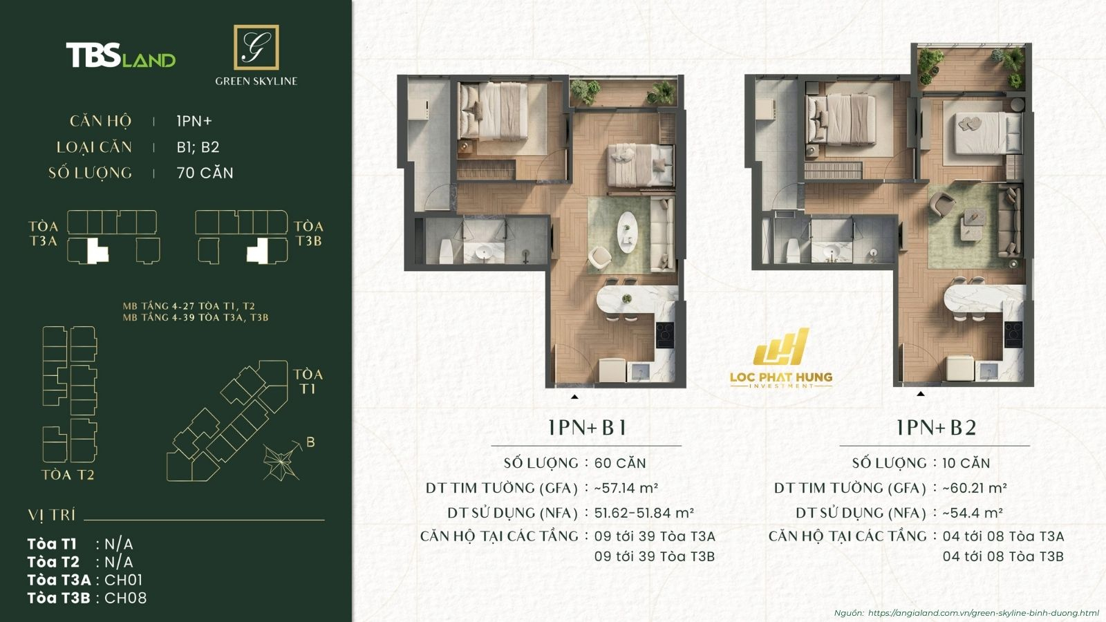 Thiết kế căn hộ 1PN+ Green Skyline (45-60m2): Phòng ngủ mở rộng đa năng