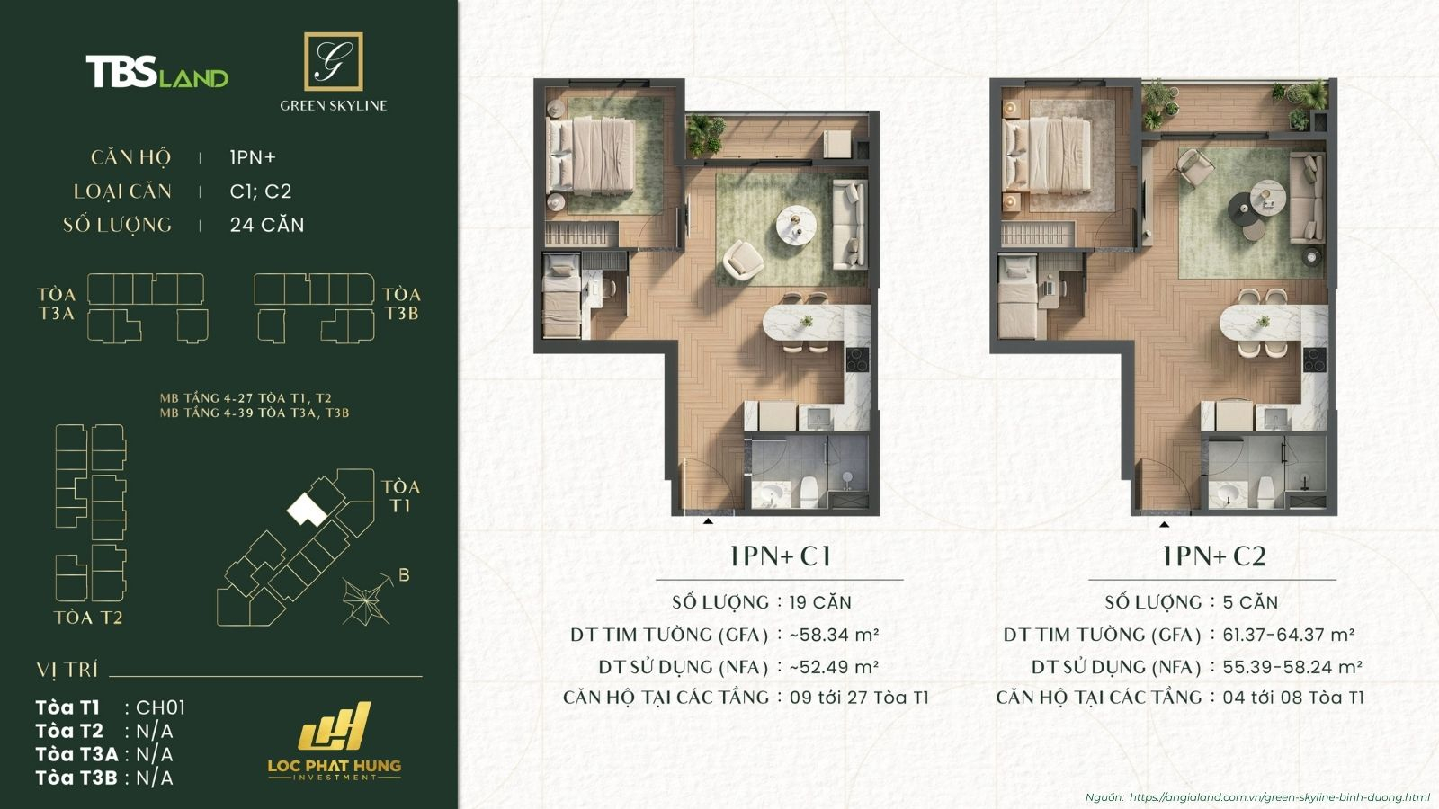 Thiết kế căn hộ 1PN+ Green Skyline (45-60m2): Phòng ngủ mở rộng đa năng