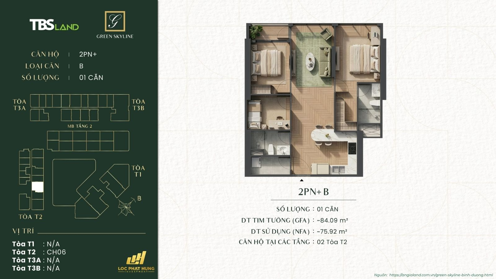 Chi tiết mặt bằng căn hộ 2PN Green Skyline: Thiết kế thông minh, bếp kín, logia rộng