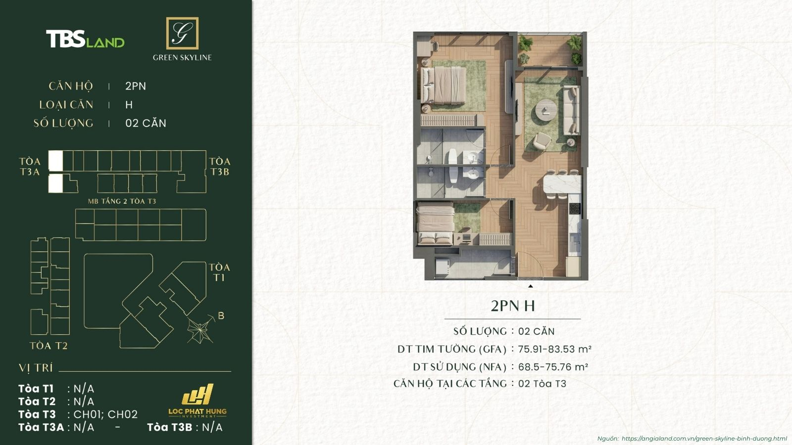 Chi tiết mặt bằng căn hộ 2PN Green Skyline: Thiết kế thông minh, bếp kín, logia rộng