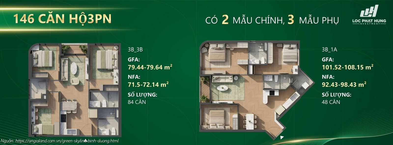 Thiết kế chi tiết căn hộ 3 Phòng ngủ dự án Green Skyline Dĩ An - Diện tích tim tường 79.44m2 - 108.15m2