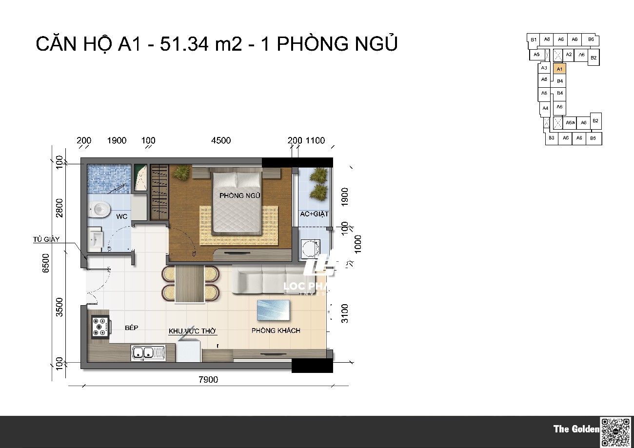 Thiết kế căn hộ 1PN diện tích 51.34m2 tại dự án The Golden Star Quận 7