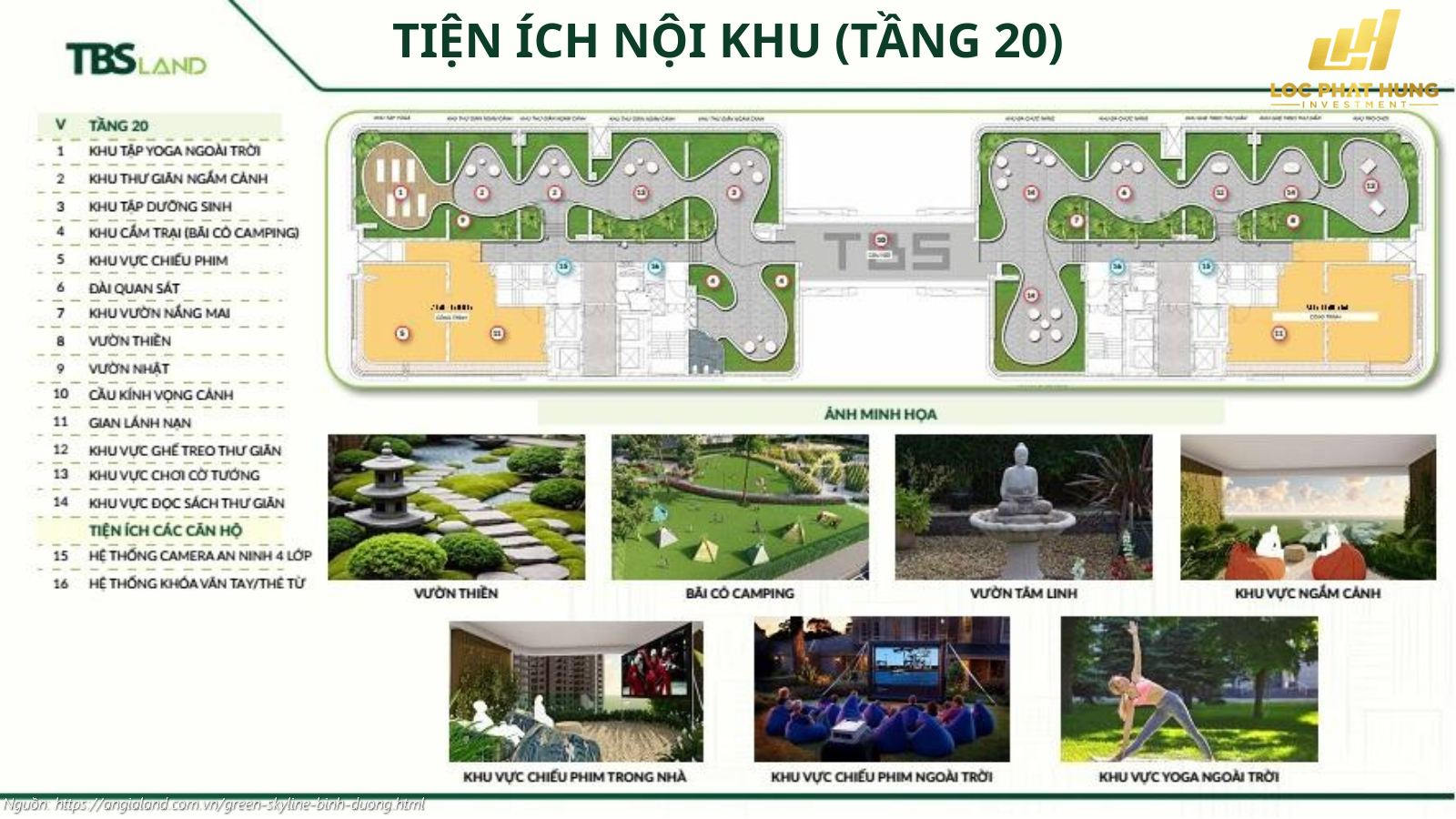 Mặt bằng tổng quan hệ thống tiện ích nội khu và không gian xanh trên không tại Tầng 20 dự án Green Skyline