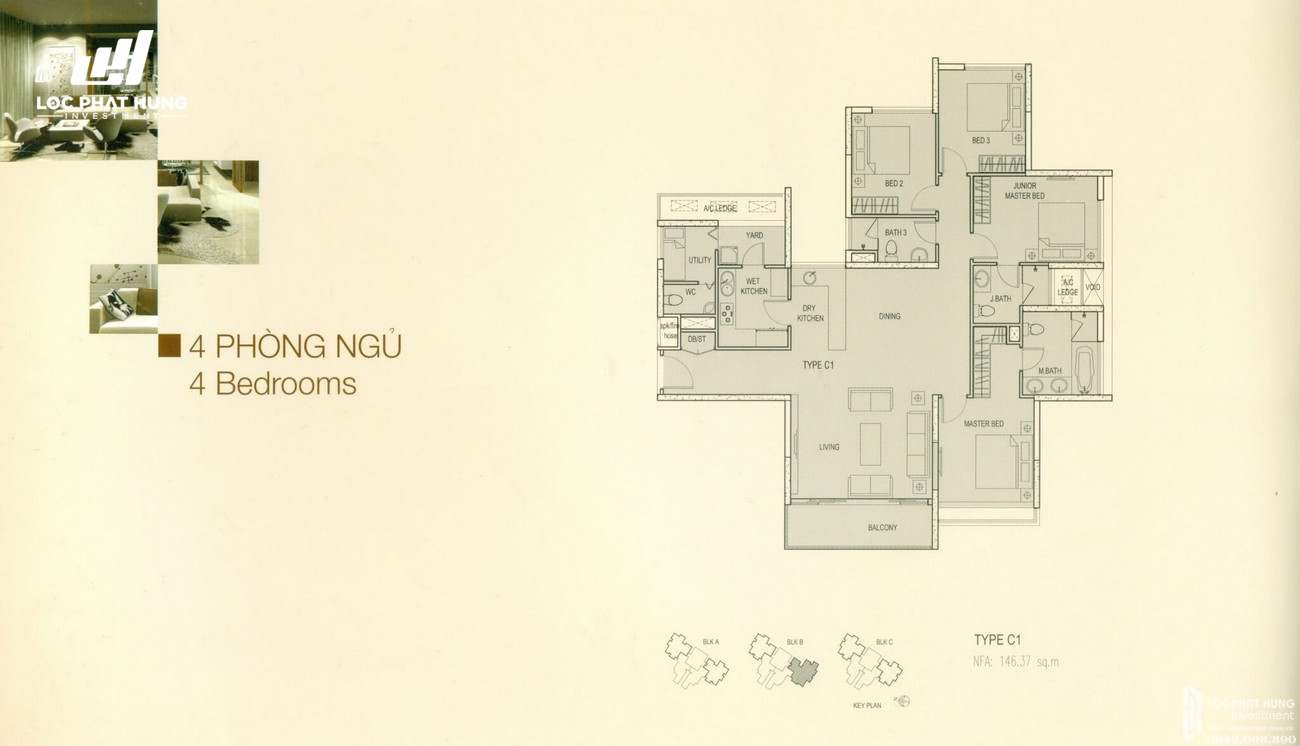 Thiết kế  căn hộ 4 PN dự án căn hộ chung cư Canary Heights Thuận An Đường QL 13 chủ đầu tư GuocoLand