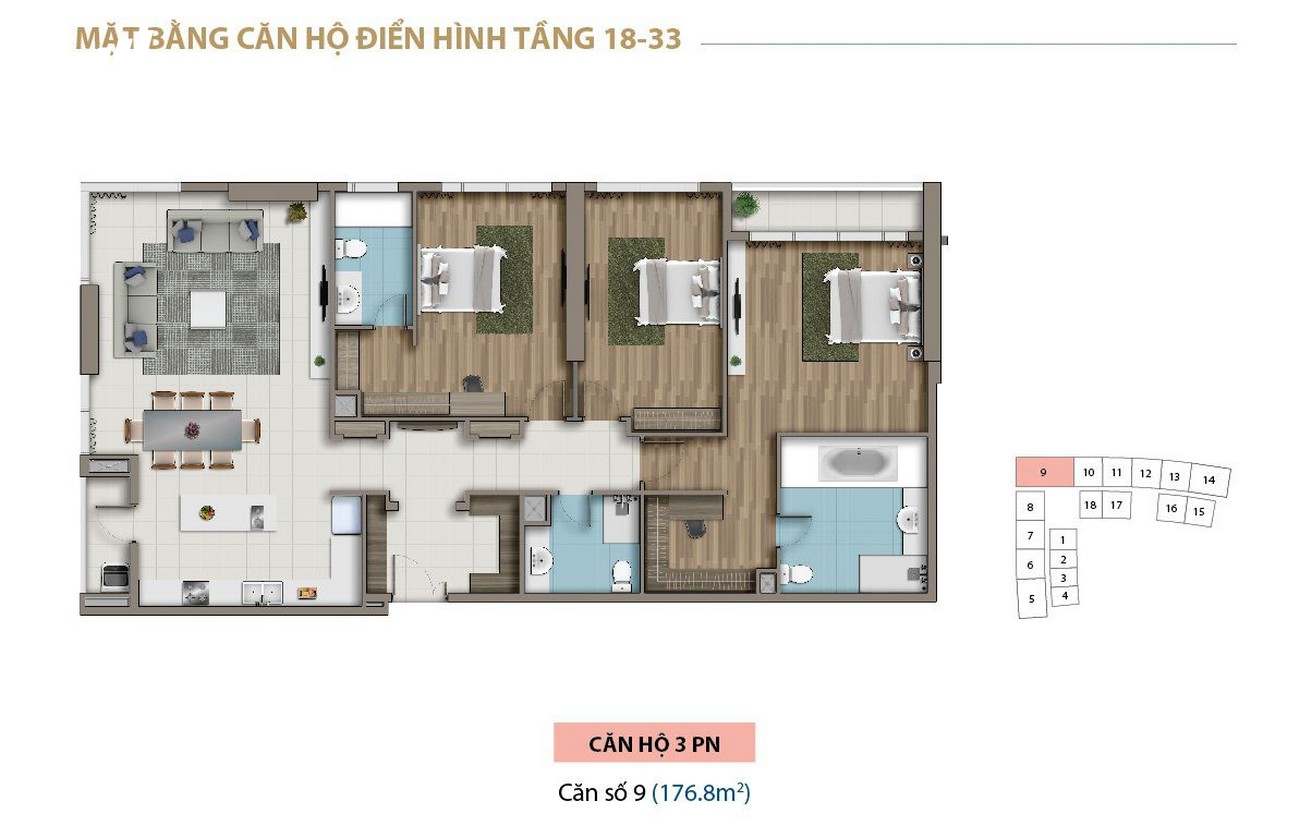 Thiết kế căn hộ 3PN chung cư Saigon Royal Quận 4 Đường Bến Vân Đồn chủ đầu tư Novaland