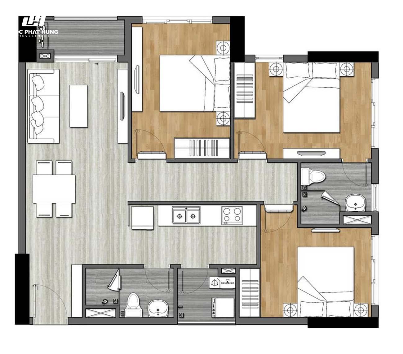 Thiết kế dự án căn hộ chung cư New Galaxy Dĩ An Bình Dương Đường Đường Thống Nhất chủ đầu tư Hưng Thịnh - Loại 3 phòng ngủ