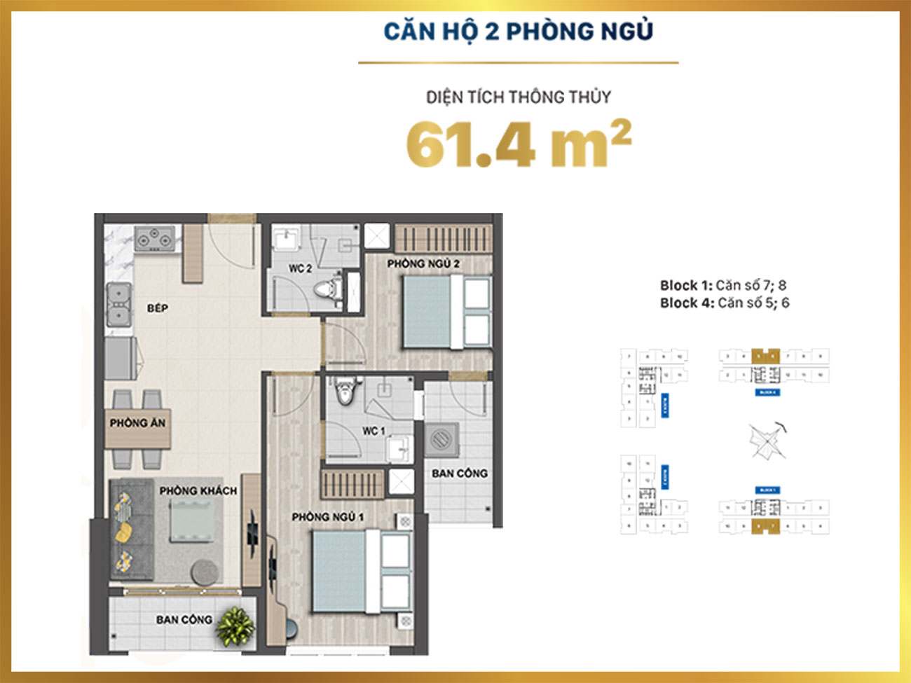 Thiết kế căn hộ 2PN - diện tích 61.4m2 dự án Victoria Village Quận 2
