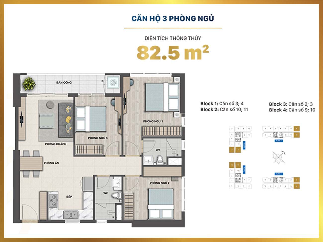 Thiết kế căn hộ 3PN - diện tích 82.5m2 dự án Victoria Village Quận 2