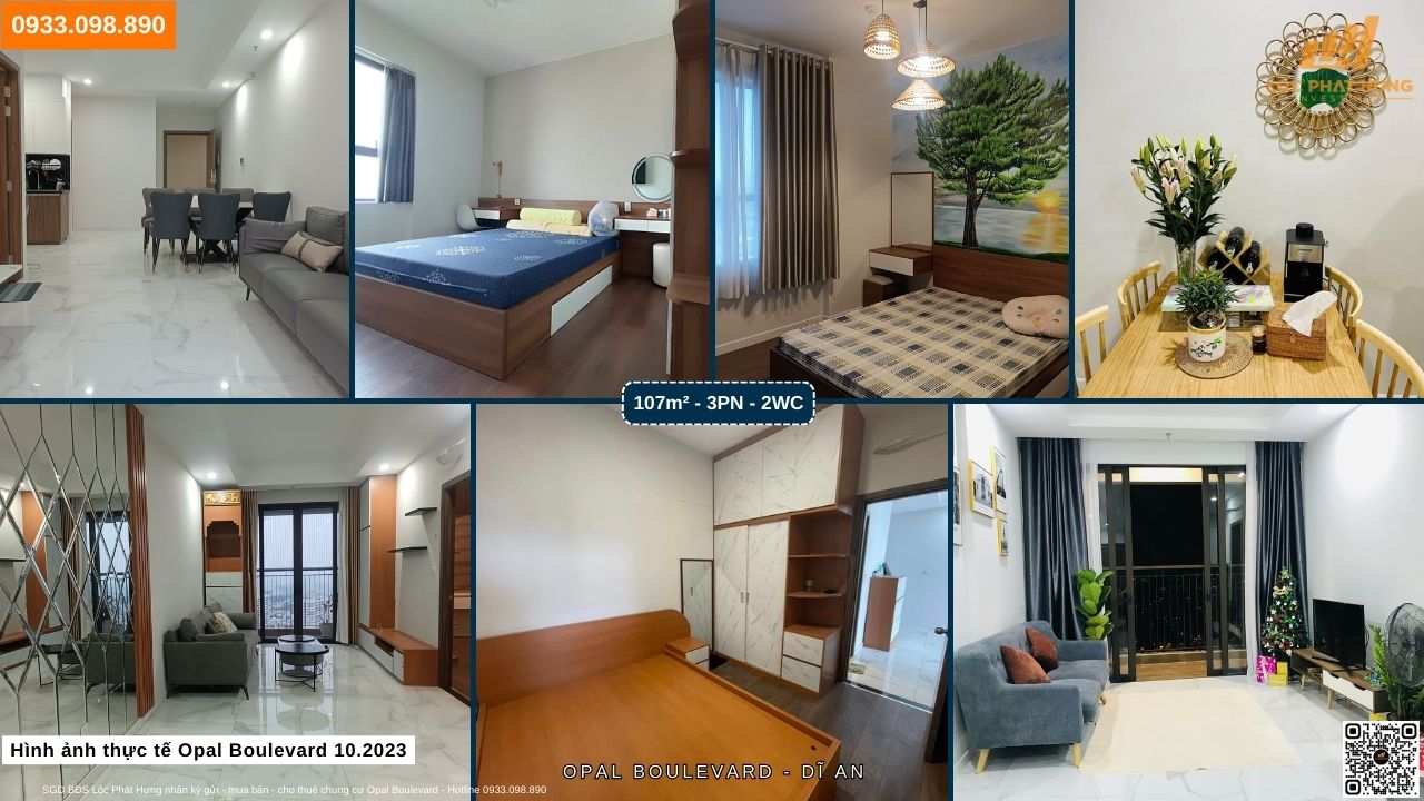 Hình ảnh thực tế căn hộ 3PN với quy mô diện tích lên đến 107m2 tại dự án Opal Boulevard Dĩ An