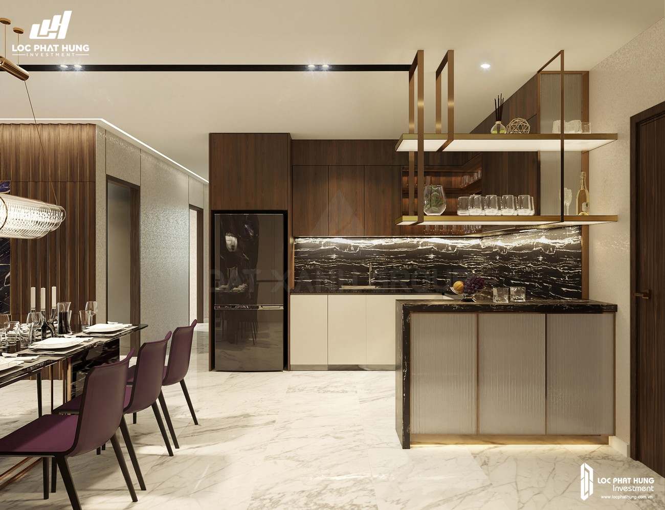 Thiết kế khu vực bếp  của nhà mẫu loại 3 phòng ngủ dự án căn hộ chung cư Opal Skyline Thuận An