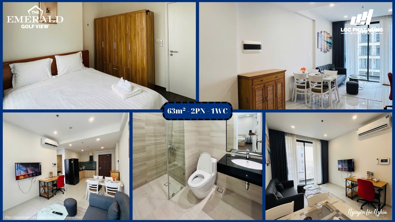 Hình ảnh thực tế căn hộ mẫu 63m² - 2PN/1WC tại The Emerald Golf View, thiết kế phòng ngủ và phòng khách đã hoàn thiện.