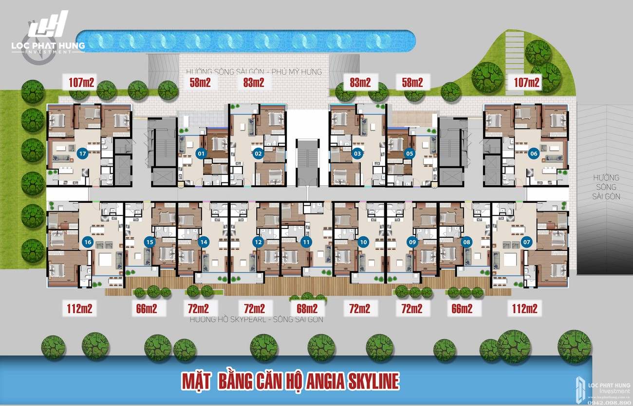 Mặt bằng tầng điển hình dự án căn hộ chung cư Skyline Quận 7 Đường Hoàng Quốc Việt chủ đầu tư An Gia