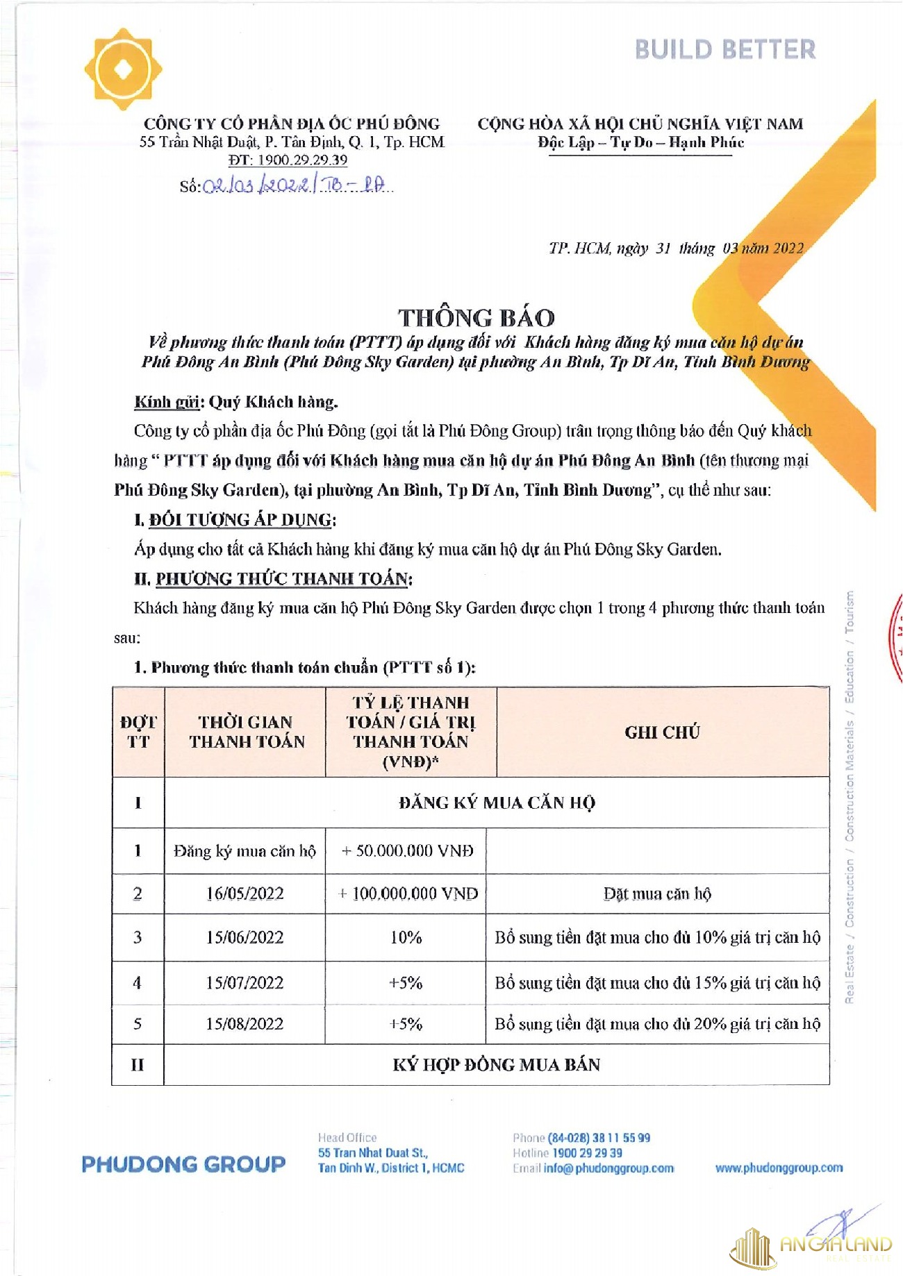 Phương thức thanh toán chuẩn dự án Phú Đông Sky Garden