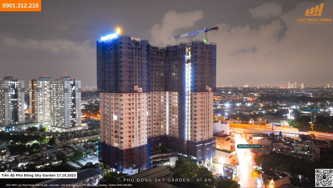 Tiến độ xây dựng căn hộ Phú Đông Sky Garden Dĩ An về đêm