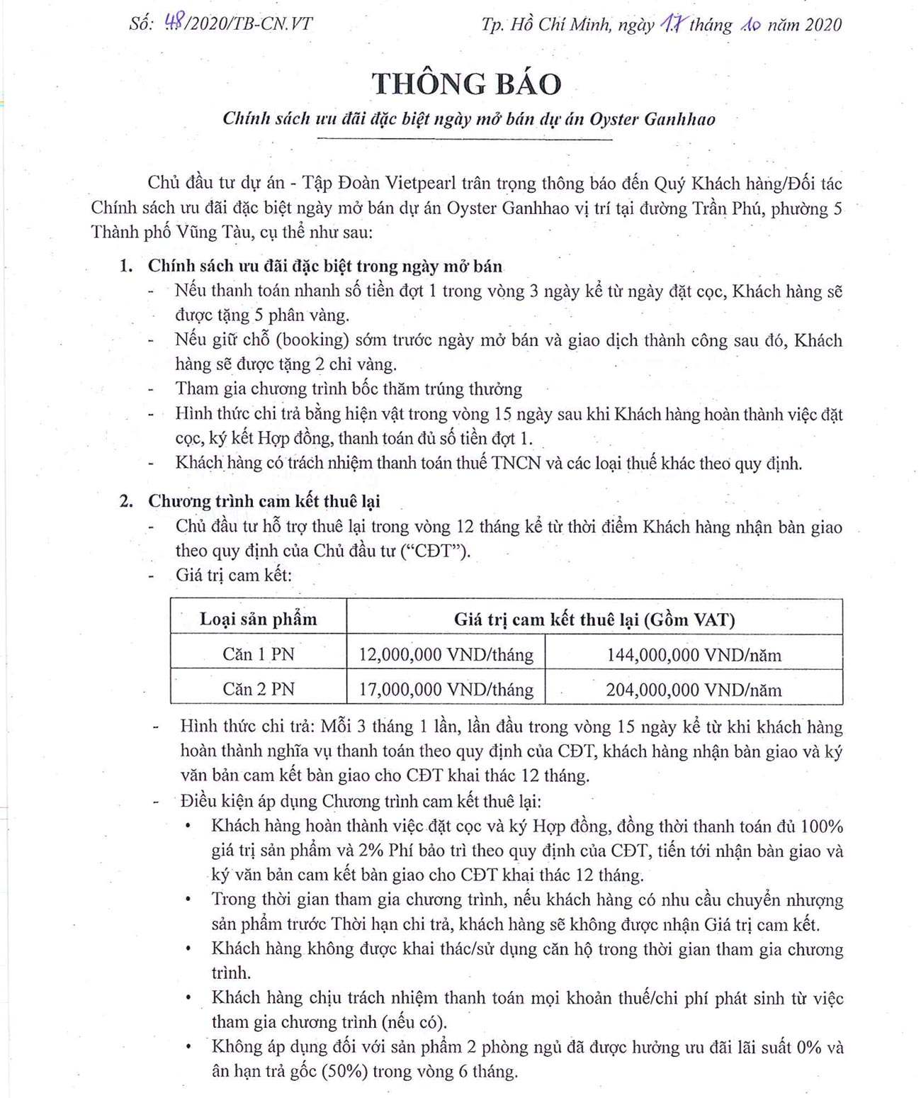 Chính sách ưu đãi mở bán căn hộ Oyster Gành Hào Vũng Tàu 10/2020