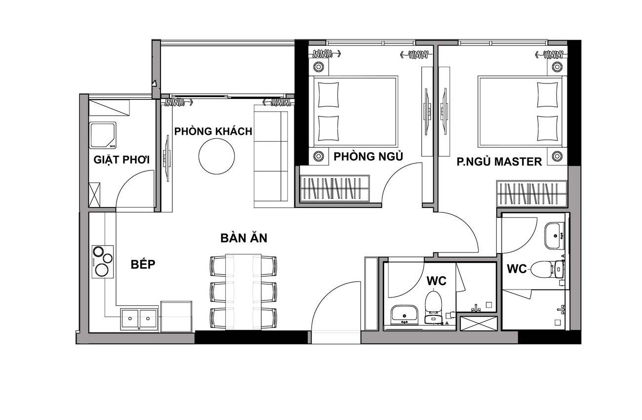 Bản vẽ mặt bằng chi tiết căn hộ 1 phòng ngủ chung cư The Two Residence  Gamuda  KHU ĐÔ THỊ GAMUDA GARDENS  GAMUDA CITY