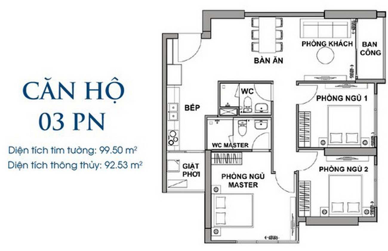 Thiết kế dự án căn hộ 3PN chung cư Rivana Thuận An diện tích 99.50m²
