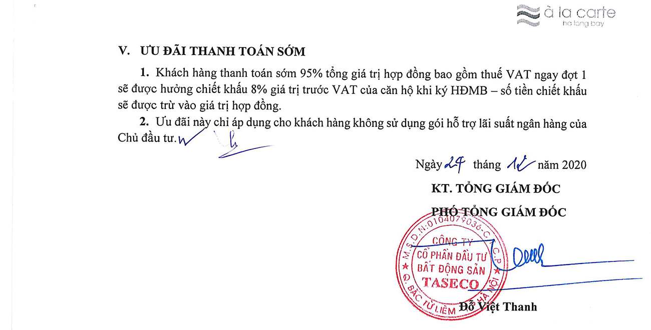 Phương thức thanh toán dự án Condotel À La Carte Halong Bay Hạ Long Đường Mặt Vịnh Hạ Long chủ đầu tư TASECO Land