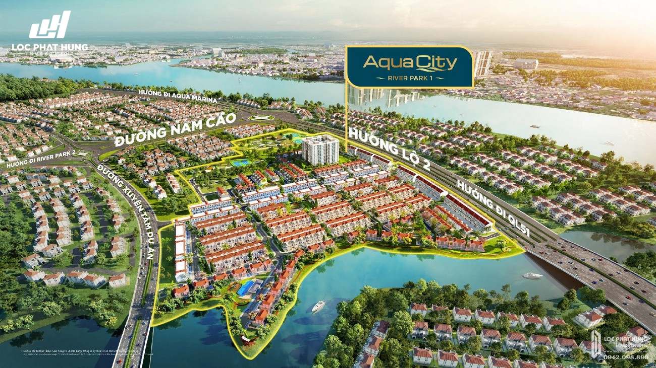 Phối cảnh tổng thể dự án nhà phố Aqua City The River Park 1 TP. Biên Hòa Đường Ngô Quyền nhà phát triển Novaland