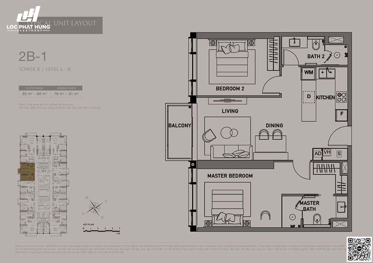 Thiết kế căn hộ 2 PN - diện tích 85-88m2 phân khu The Opusk Residence dự án The Metropole Thủ Thiêm.