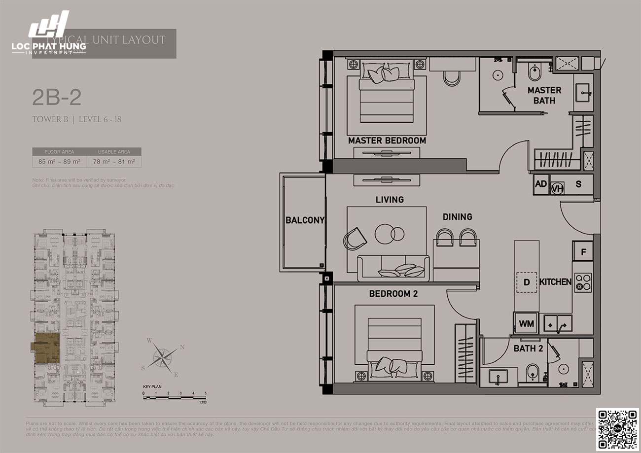 Thiết kế căn hộ 2 PN - diện tích 85-89m2 phân khu The Opusk Residence dự án The Metropole Thủ Thiêm.