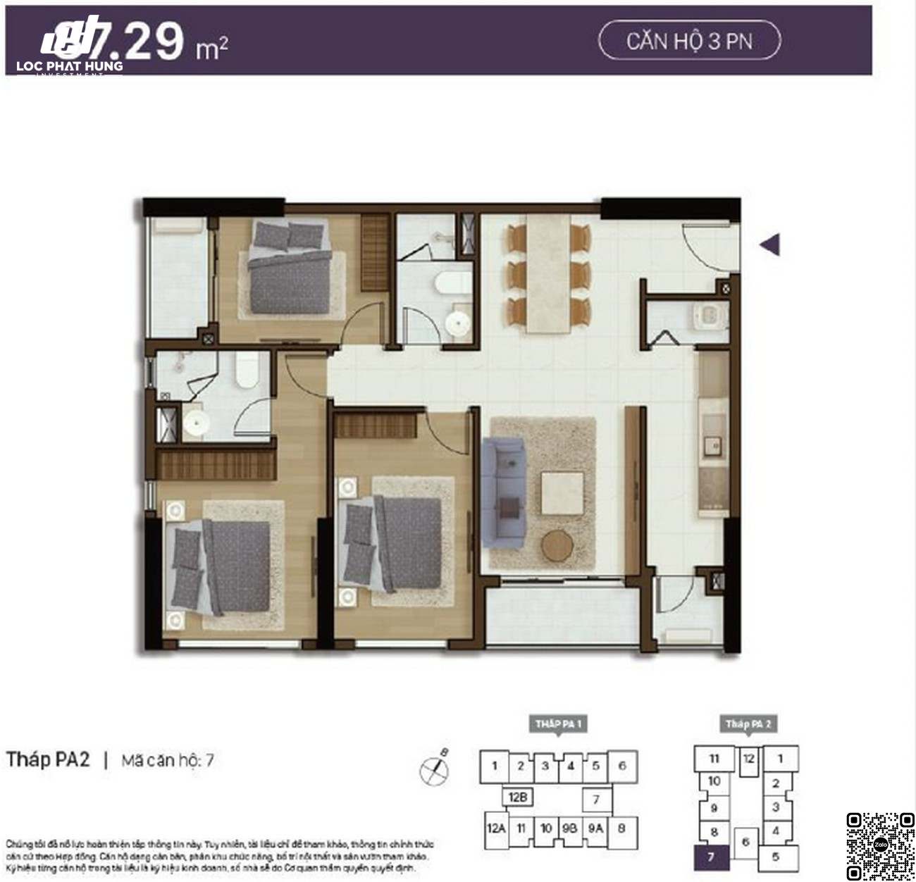 Thiết kế chi tiết căn hộ 3 phòng ngủ diện tích 97,29m²