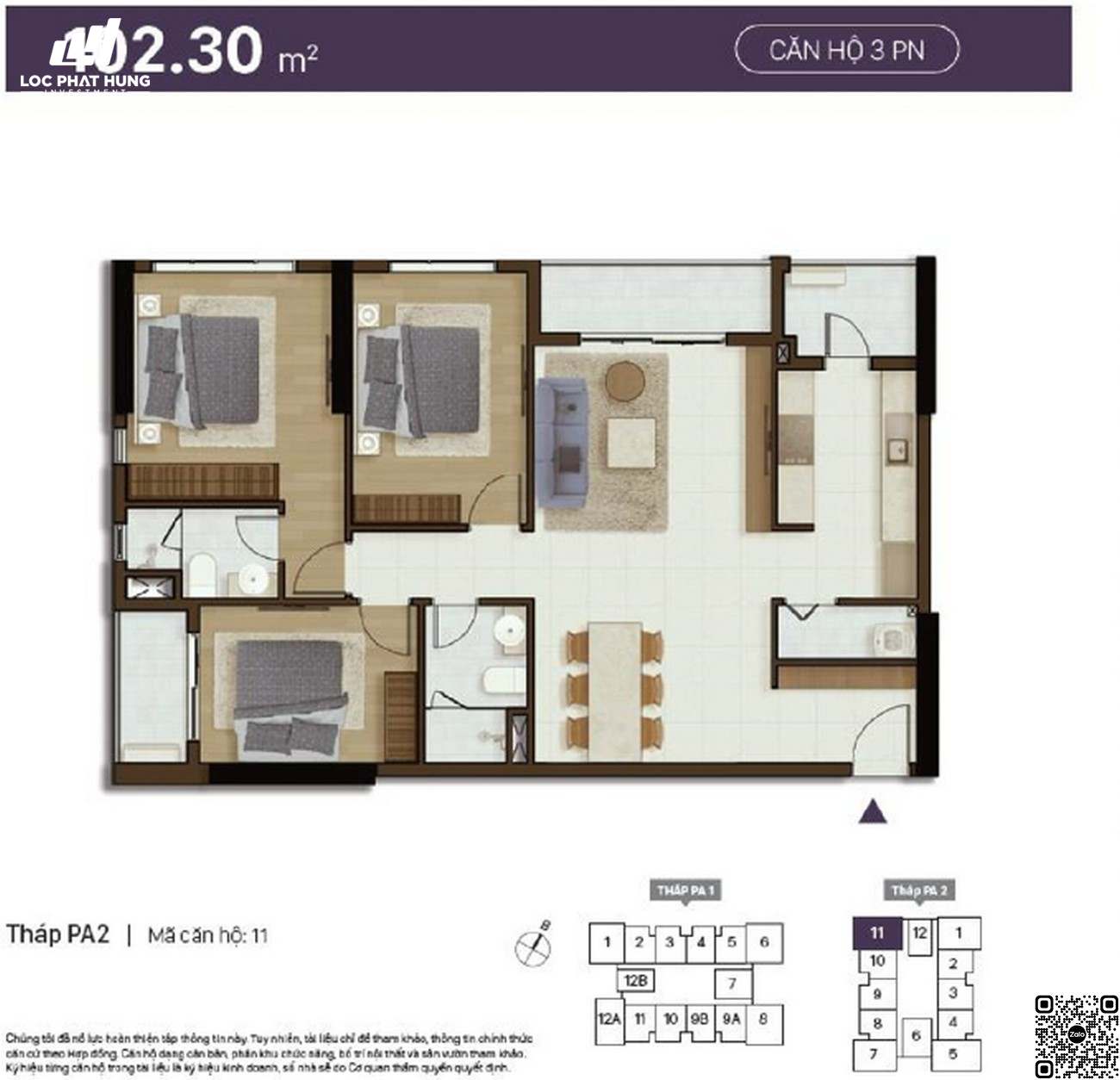 Thiết kế chi tiết căn hộ 3 phòng ngủ diện tích 102,3m²