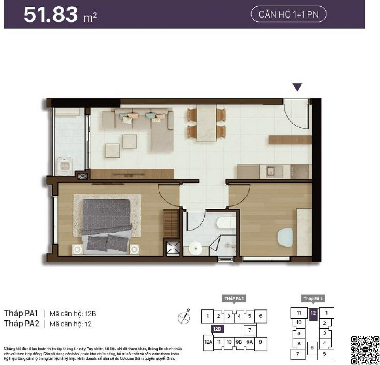Thiết kế chi tiết căn hộ 1+1 phòng ngủ diện tích 51,83m²