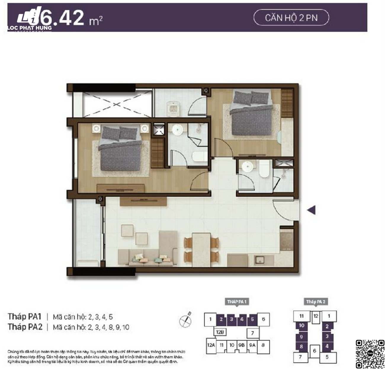 Thiết kế chi tiết căn hộ 2 phòng ngủ diện tích 66,42m²