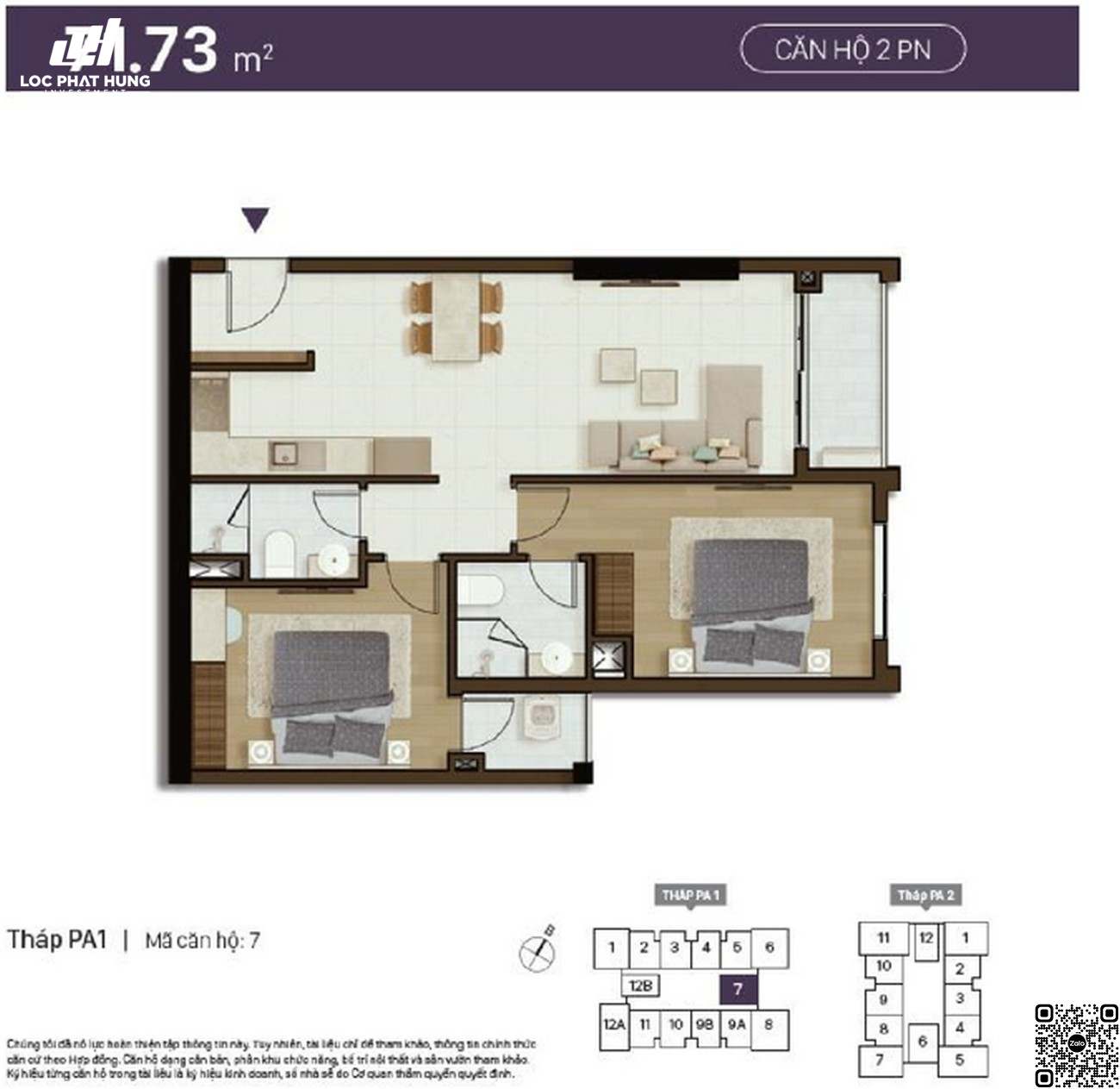 Thiết kế chi tiết căn hộ 2 phòng ngủ diện tích 71,73m²
