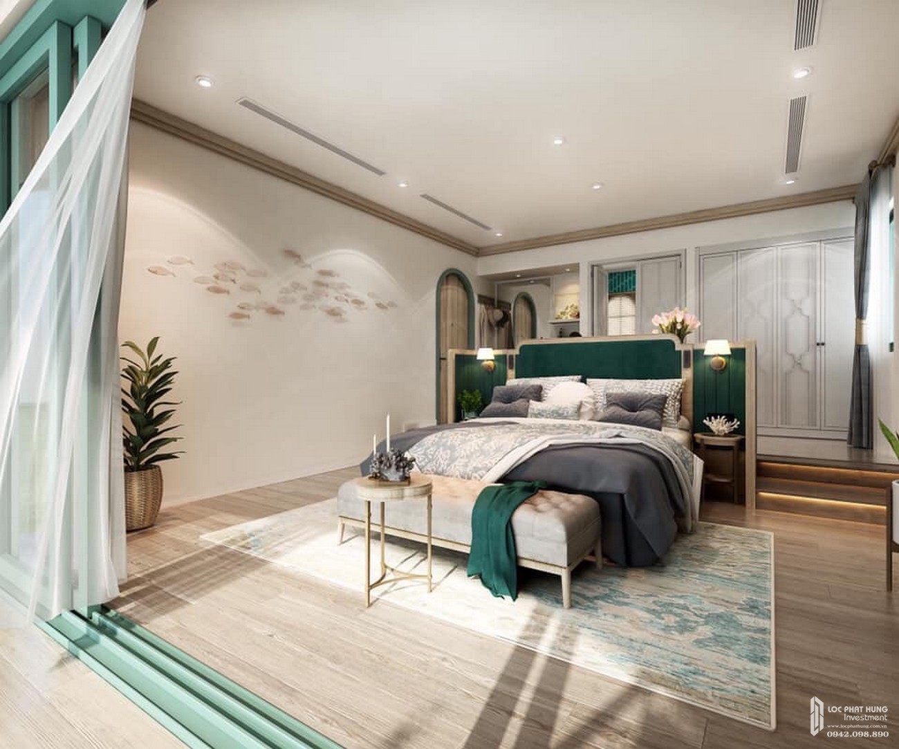 Phòng ngủ biệt thự phong cách Địa Trung Hải NovaBeach Resort Cam Ranh.